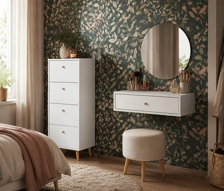 Schlafzimmer mit dunkler Blumentapete, weißer Kommode und mattweißem Hängekonsolentisch »Bjarne« mit rundem Spiegel. Ein beiger Hocker steht unter dem Tisch, auf dem Make-up-Artikel liegen.