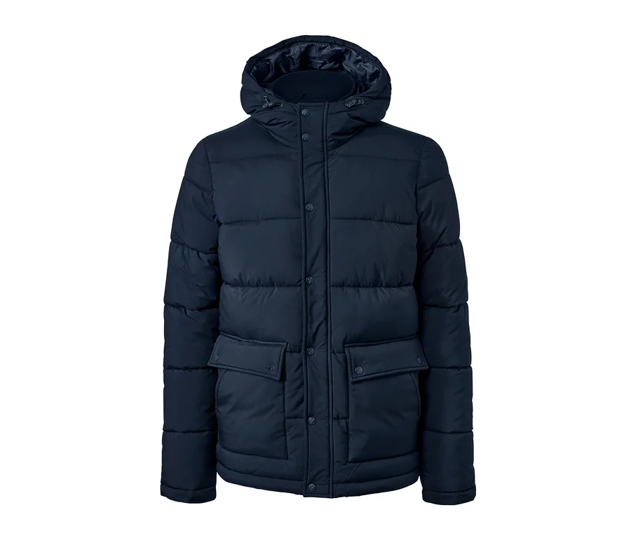 Marineblaue Thermo-Steppjacke mit Kapuze.
