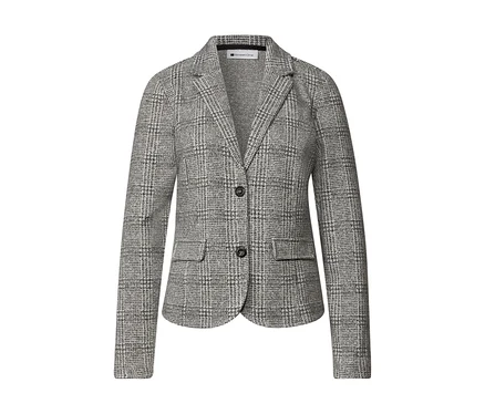 Street One Blazer in Grau-Weiß mit Hahnentrittmuster, zwei schwarzen Knöpfen und zwei Vordertaschen.