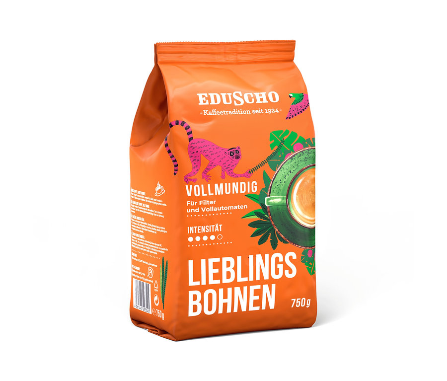 Orangene Eduscho Lieblingsbohnen Vollmundig 750g Ganze Bohne Kaffeepackung mit rosa Affen-, grünen Blätter- und grüner Kaffeetassengestaltung.