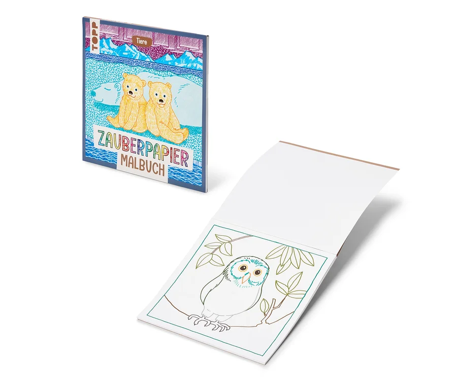 Zauberpapier-Malbuch »Tiere« mit Cover, das zwei Eisbärenjunge zeigt, und einem geöffneten Buch mit einer Eulenzeichnung.