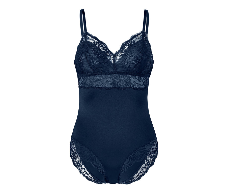 Marineblaues Body mit Spitzendetails.