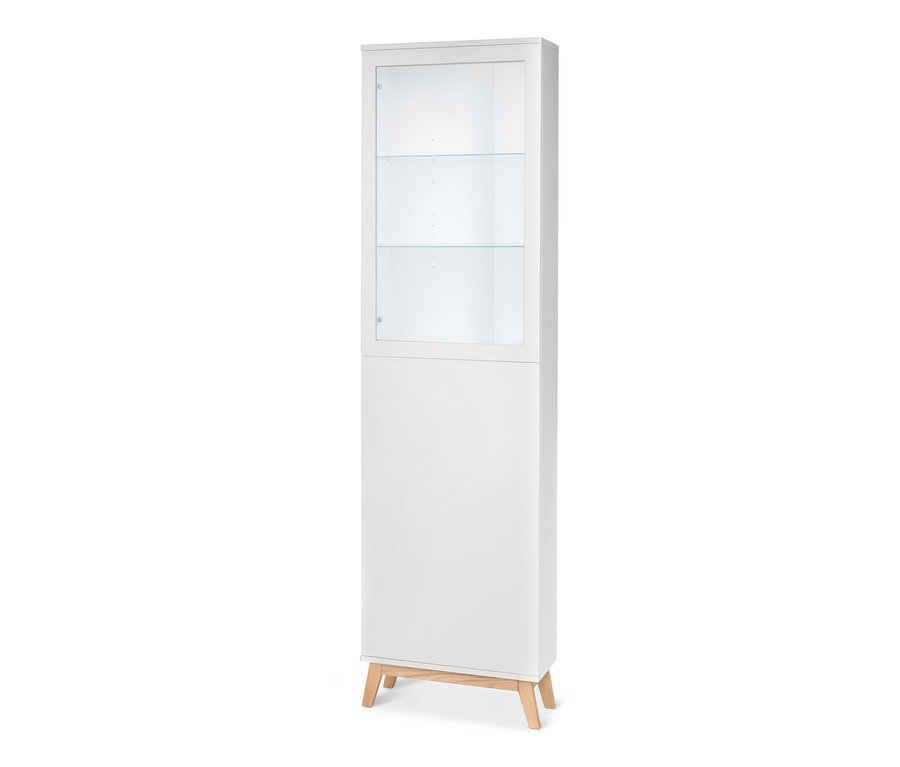 Eine weiße Eck-Vitrine mit Glasböden und Holzfüßen.