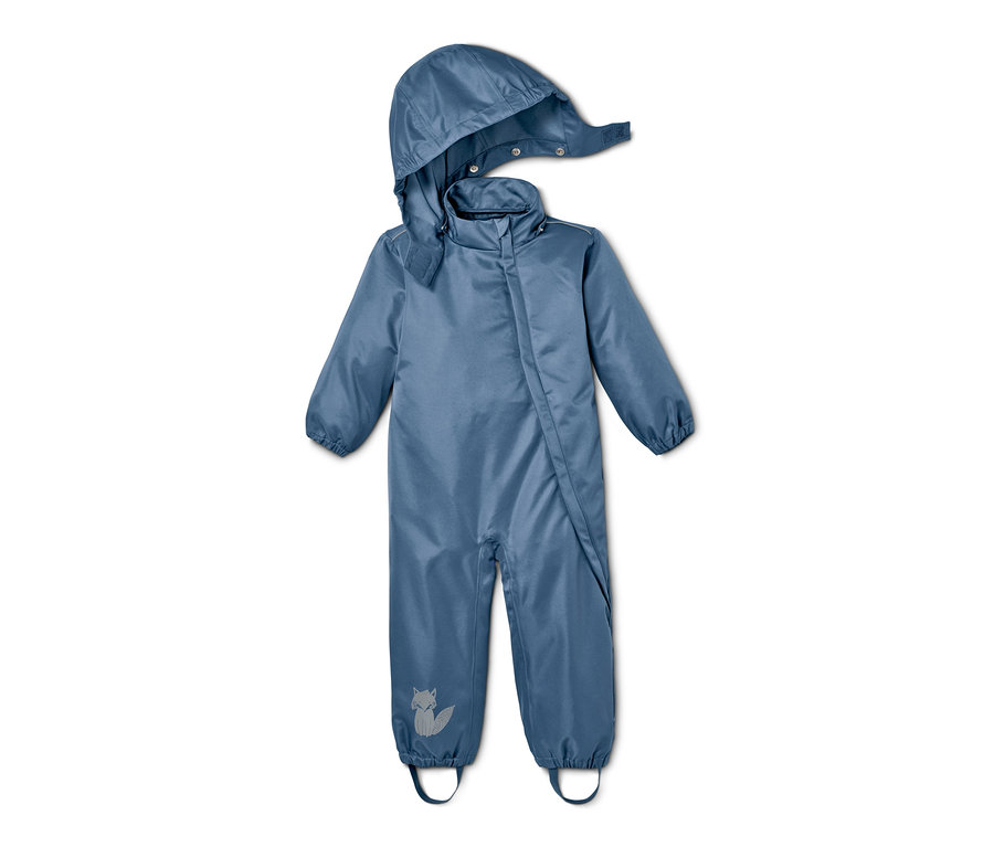 Blauer Regen-Einteiler mit Kapuze und reflektierendem Fuchs-Motiv.