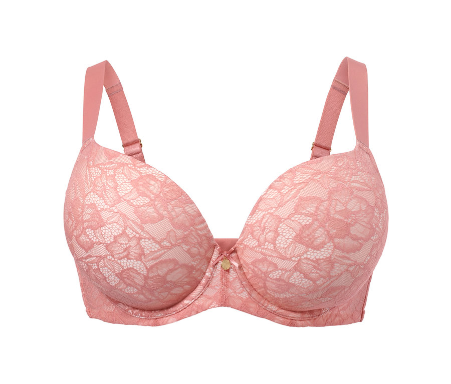 Ein rosa Premium-Schalen-BH mit Spitzenmuster.