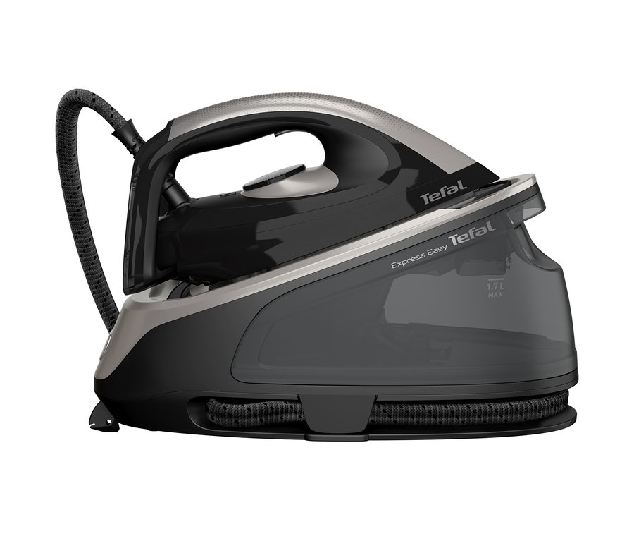 Detailaufnahme der Tefal-Dampfbügelstation »Express Easy SV6140« in Schwarz und Silber.