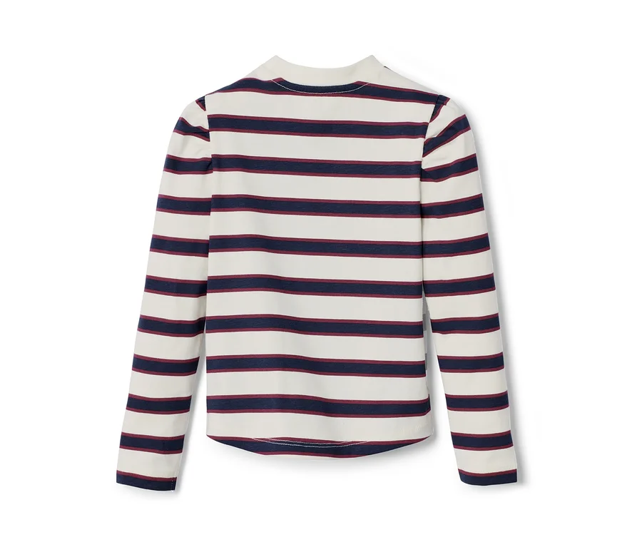 Kinder-Langarmshirt mit cremefarbenen und marineblauen Streifen.