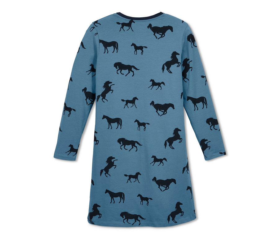 Blaues Jersey-Nachthemd mit schwarzen Pferde-Silhouetten.