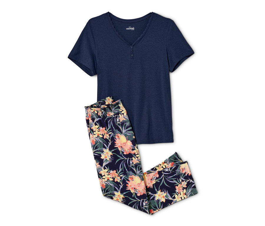 Marineblauer Pyjama mit geblümter Hose.