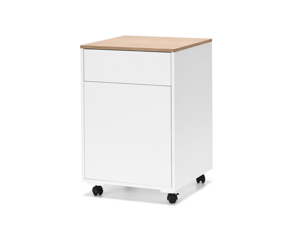 Weißer Officeschrank mit Holzplatte und Schublade.