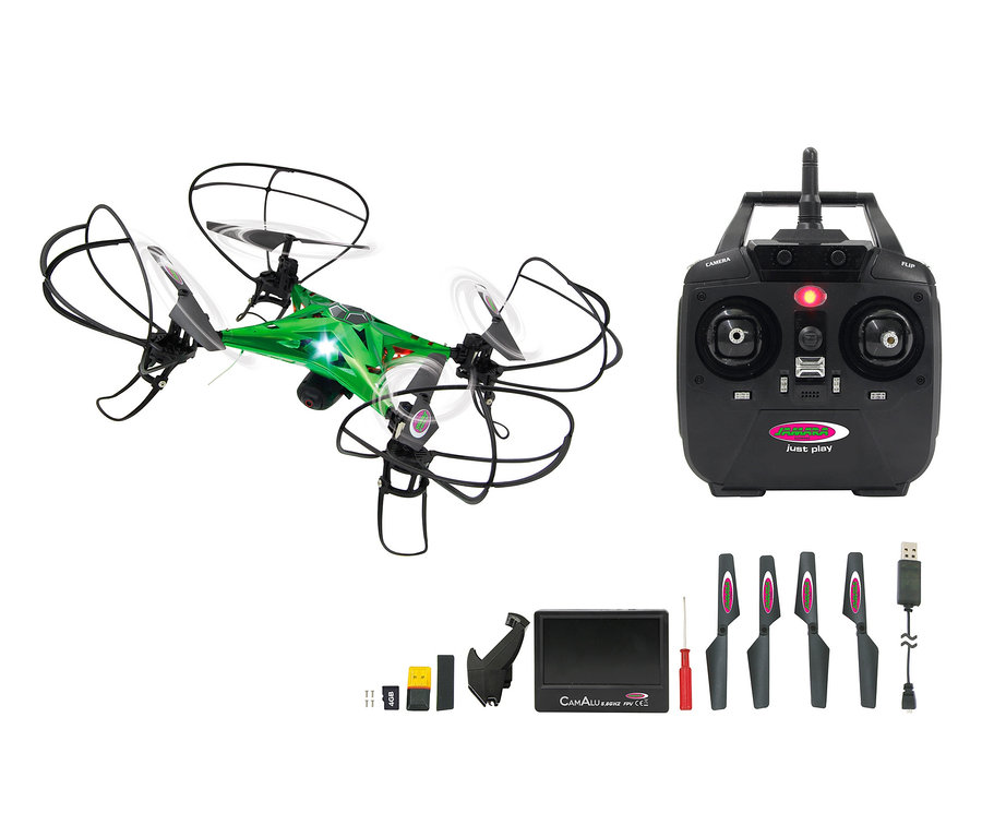 Grüner Jamara CamAlu-Altitude-Quadrocopter FVP AHP 2,4 GHz mit schwarzen Propellerschützern und Fernbedienung. Ersatzteile sind unten abgebildet.