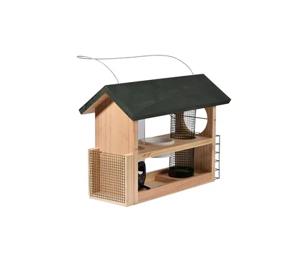 7-in-1-Futterstation aus Holz mit schwarzem Dach und verschiedenen Futterbehältern.