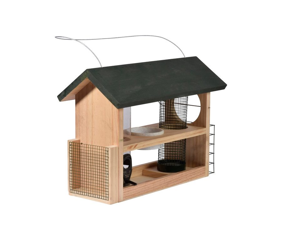 7-in-1-Futterstation aus Holz mit schwarzem Dach und verschiedenen Futterbehältern.