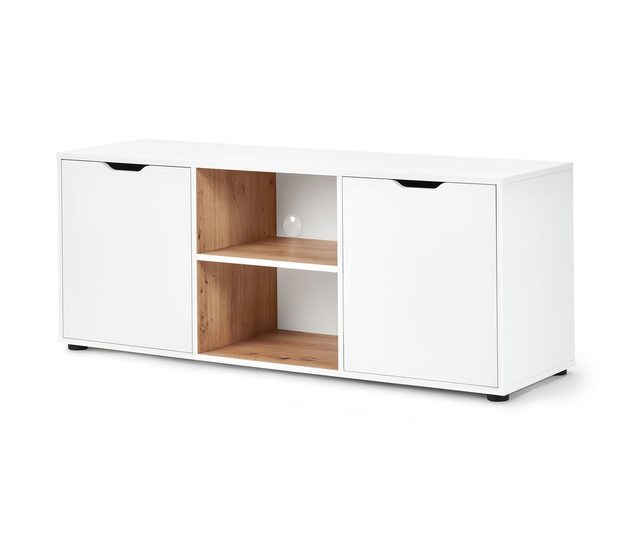 Weißes Sideboard mit Schubladen und Holzregalen.