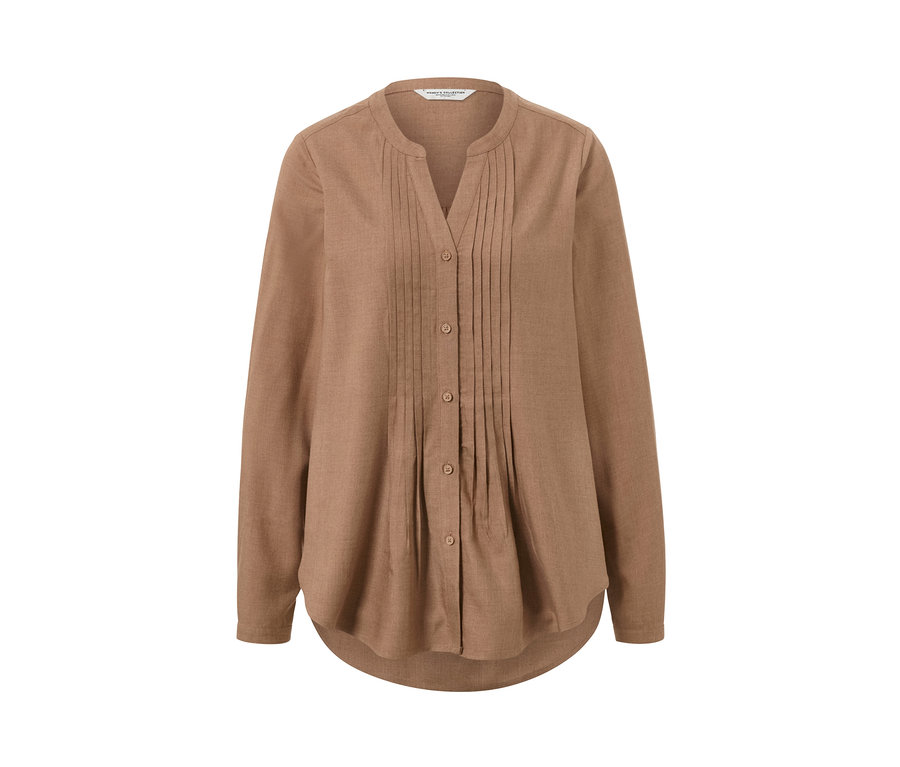 Eine braune Tunikabluse mit langen Ärmeln und Knöpfen.
