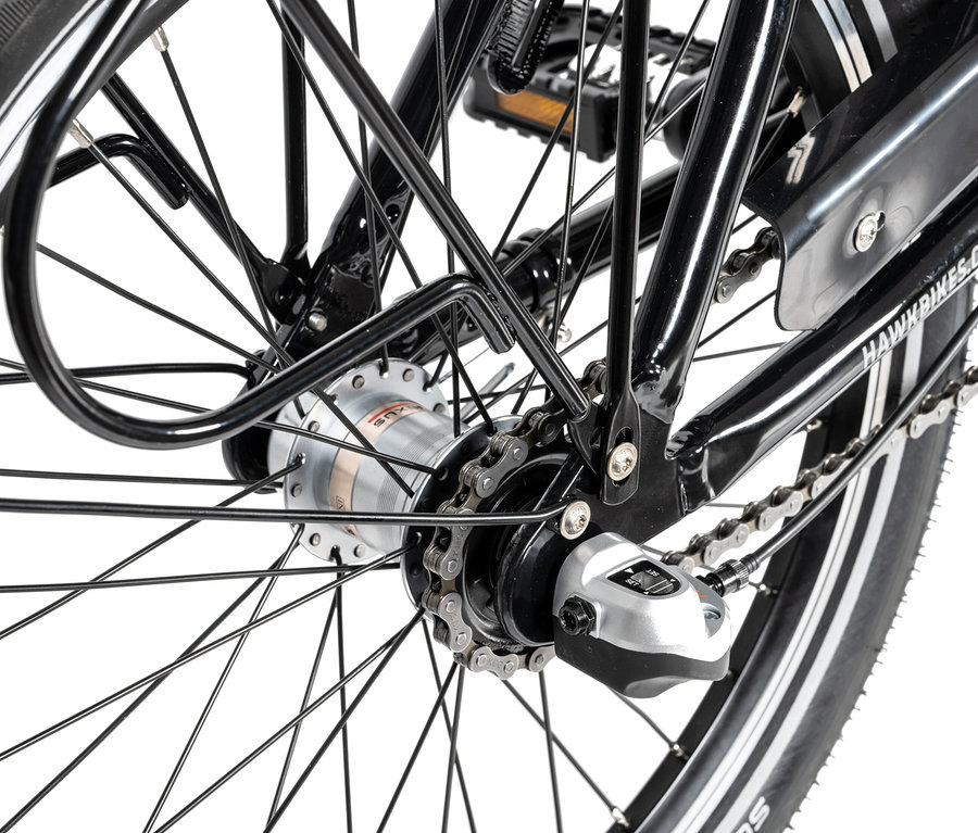 Detailansicht des Hinterrads vom HAWK Bikes Alu Faltrad Folder 3.0.