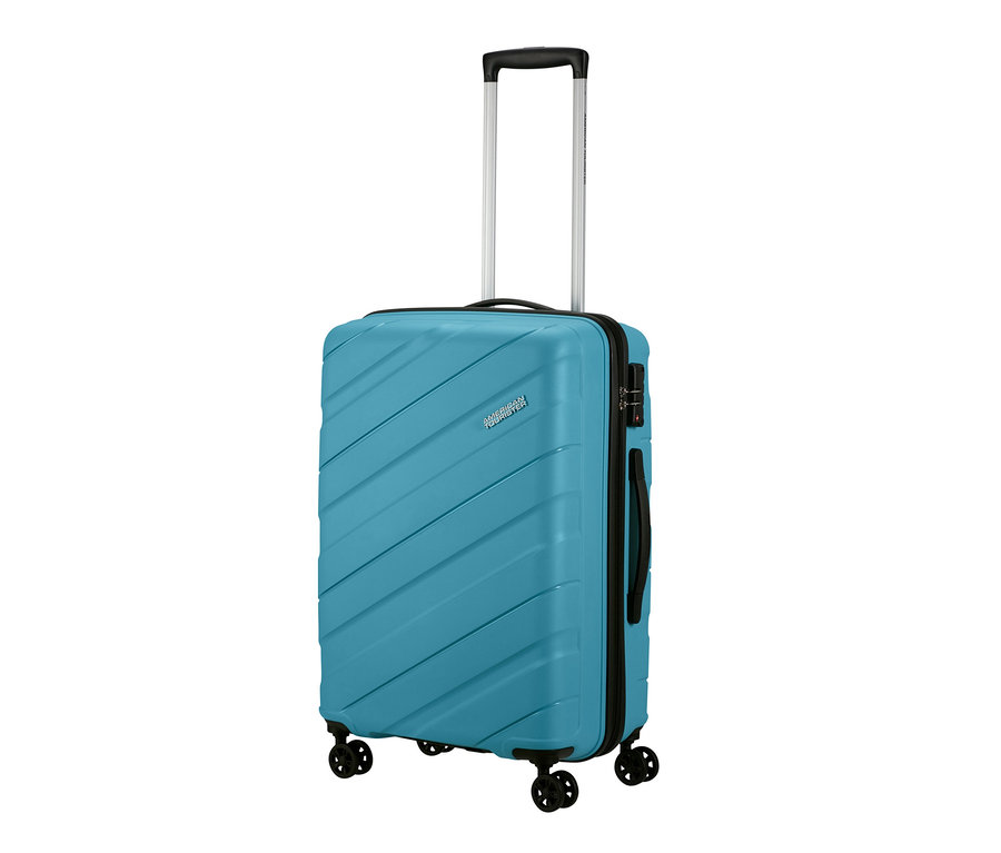 Ein mittelgroßer, hellblauer American Tourister Jetdriver 3.0 Koffer mit ausziehbarem Griff.