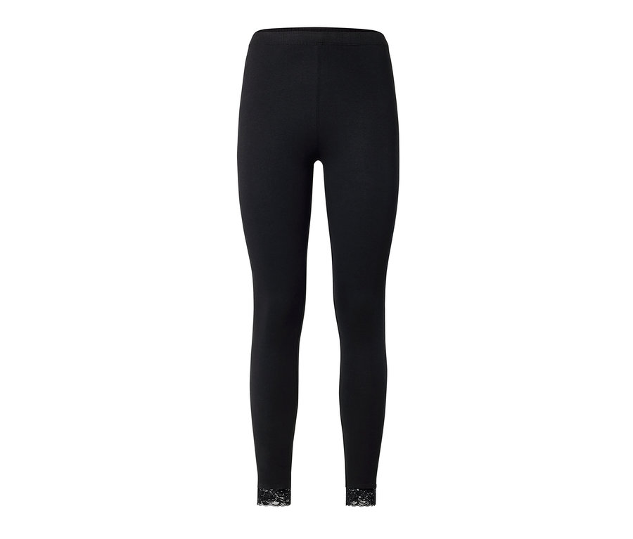 Schwarze Leggings mit Spitzenborte.