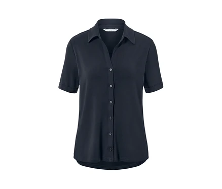Dunkelblaues Blusenshirt mit Knopfleiste.