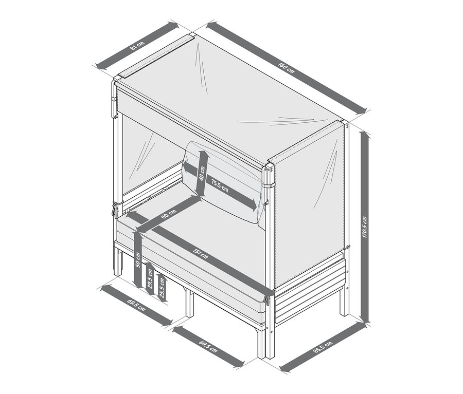 Abbildung eines Lounge-Strandkorbs »Tinus« mit ausziehbarem Fußteil und Bemaßungen.