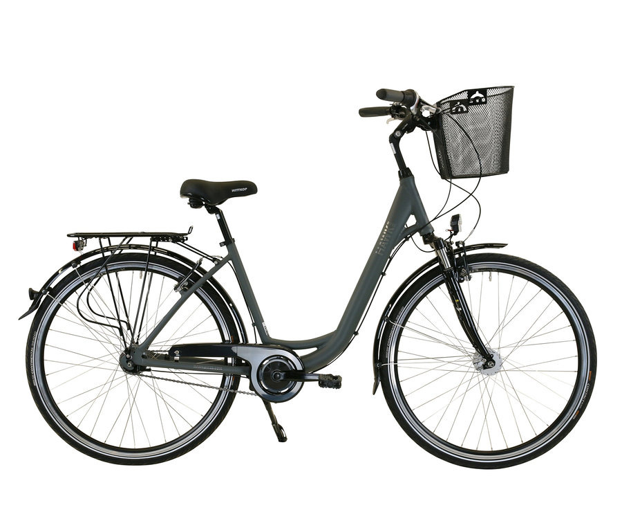 Graues HAWK Bikes City Wave Deluxe Plus Fahrrad mit 46-cm-Rahmen und Korb.