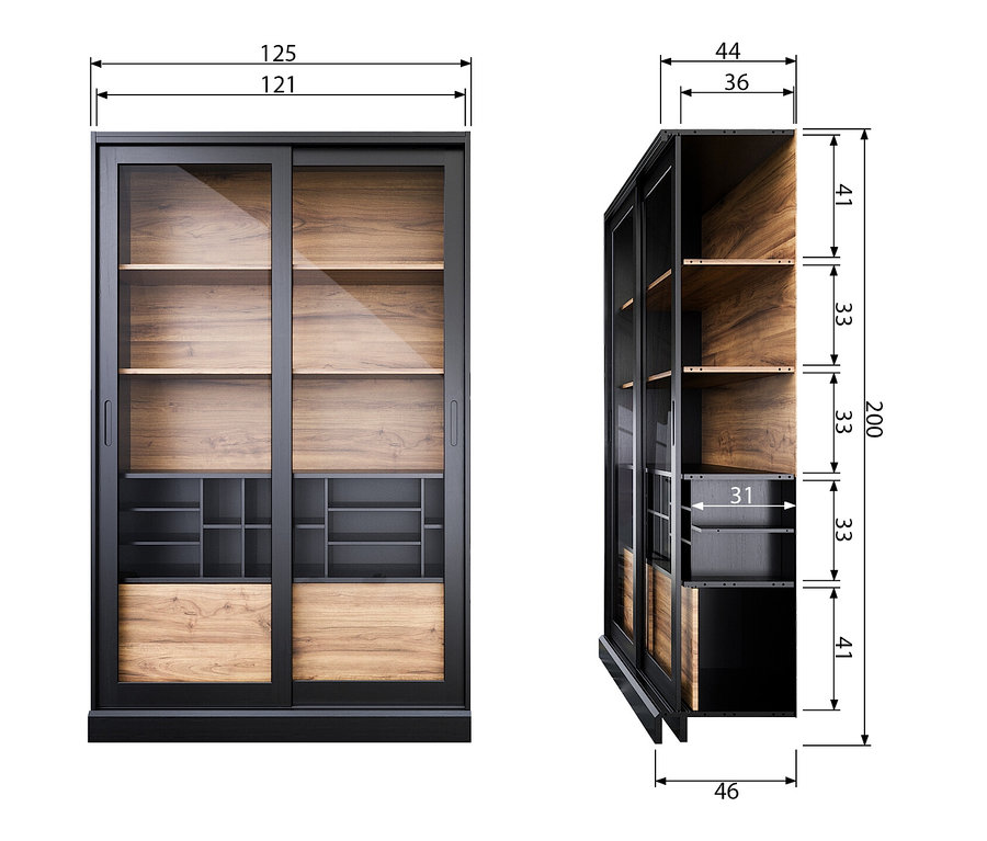 Skizze von Woood Vitrine »James« aus Kiefernholz, schwarz.