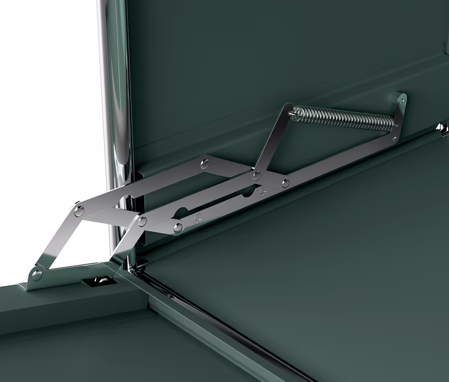 Detailansicht des Klappmechanismus einer Metallkommode »CN3«.