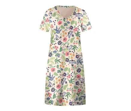 Beiges Nachthemd mit kurzen Ärmeln, Blumen und Vögeln.