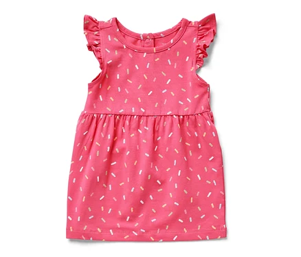 Rosa Kinder-Jerseykleid mit kurzen Ärmeln und Allover-Print.