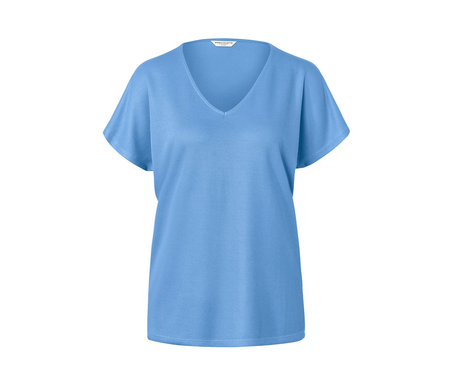 Hellblaues, strukturiertes Shirt mit V-Ausschnitt.