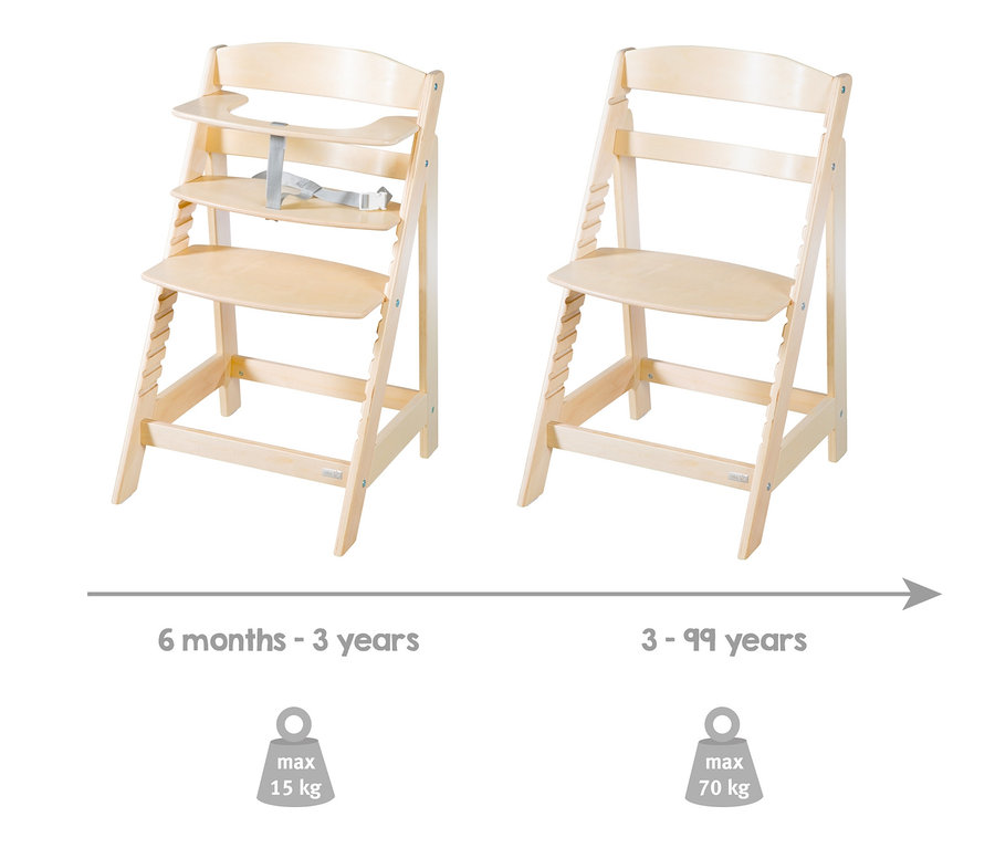 Zwei roba Treppenhochstühle »Sit Up Flex«, naturfarben, einer mit Sicherheitsgurt und Tischchen, der andere ohne.