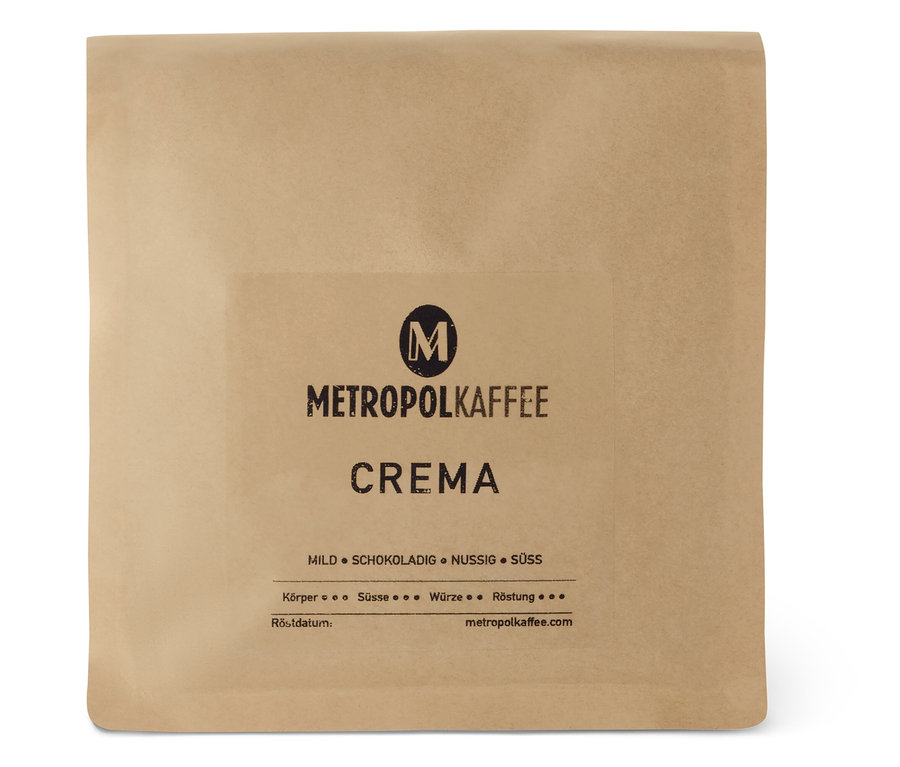 Eine Packung METROPOL KAFFEE - CREMA - 500 g Ganze Bohne. Die Packung ist braun.