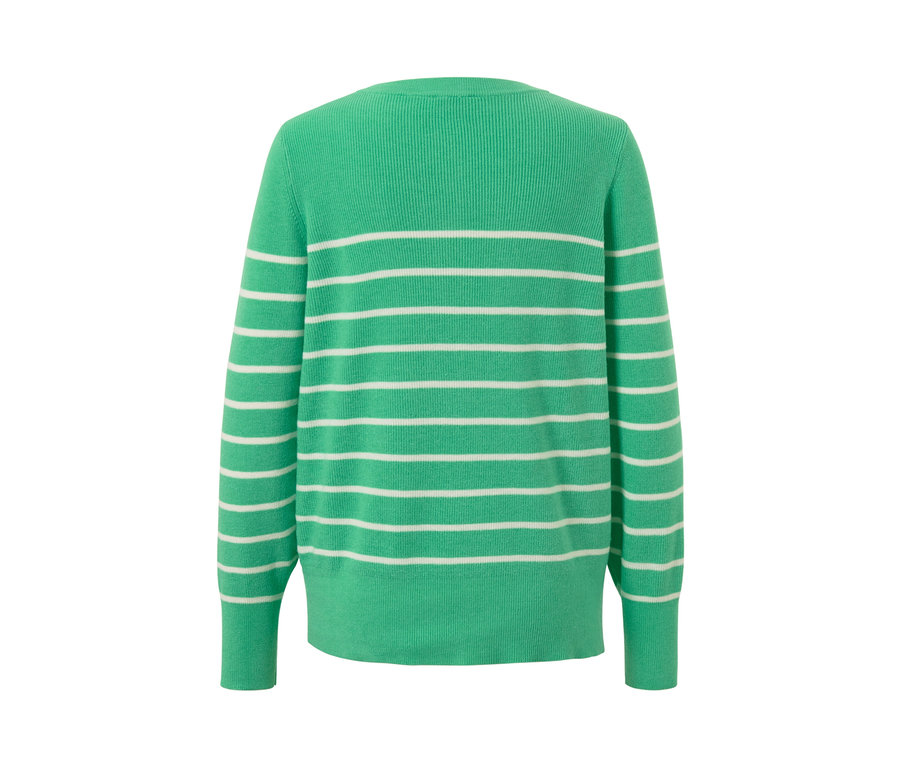 Rückansicht eines grün-weiss gestreiften Feinstrickpullovers.