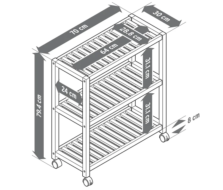 Illustration eines Massivholzregals mit Rollen und Maßangaben.