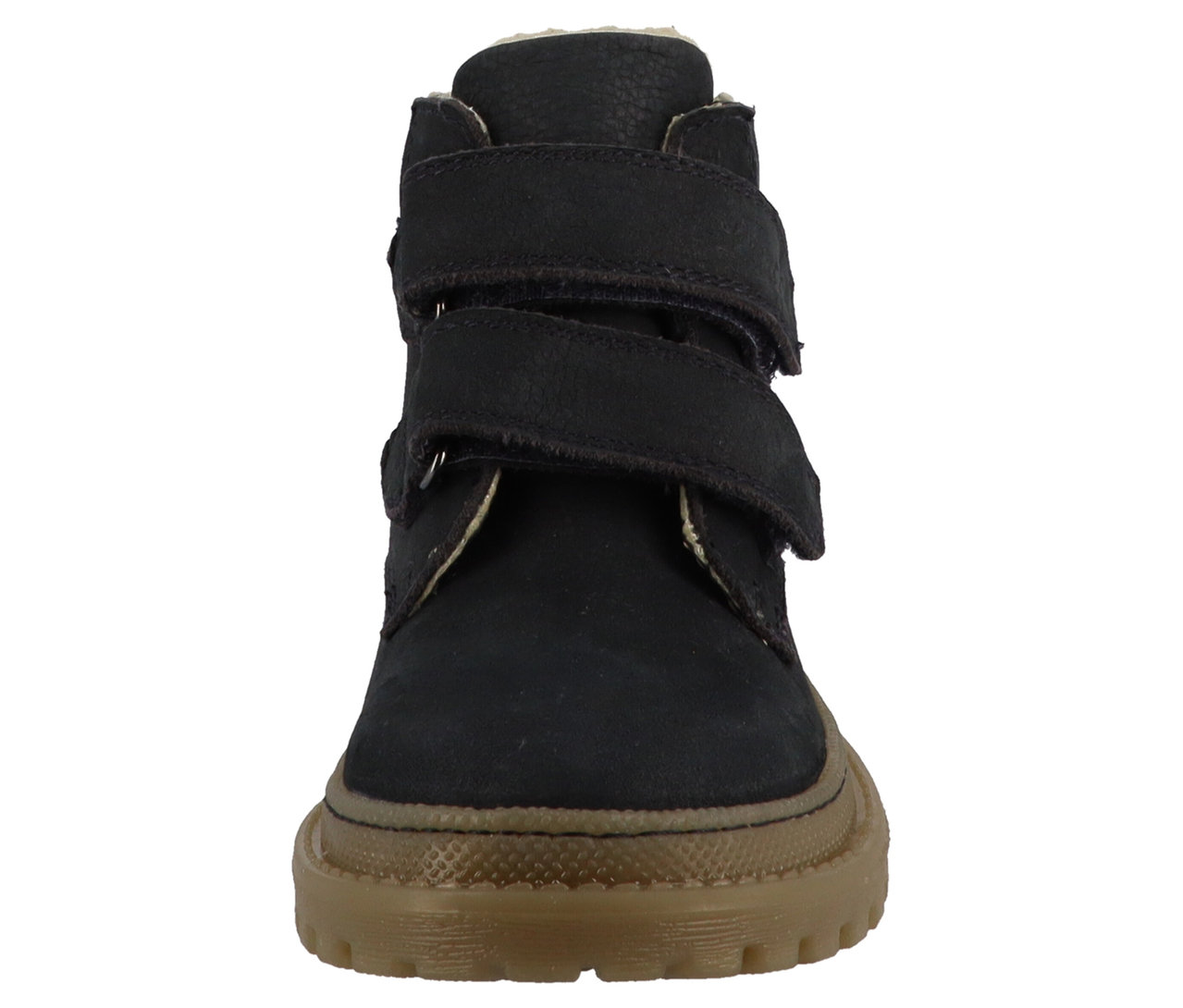 Frontansicht des marineblauen Kinderstiefels LURCHI »Daniele-TEX« mit brauner Sohle.