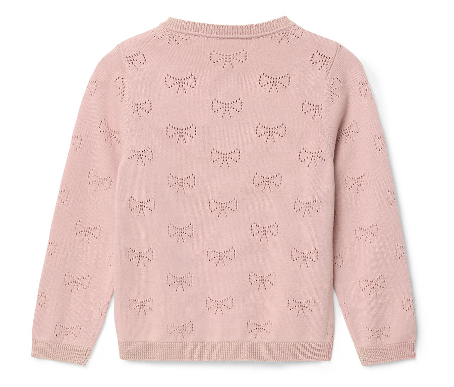Rosa Strickjacke mit Schleifenmuster.