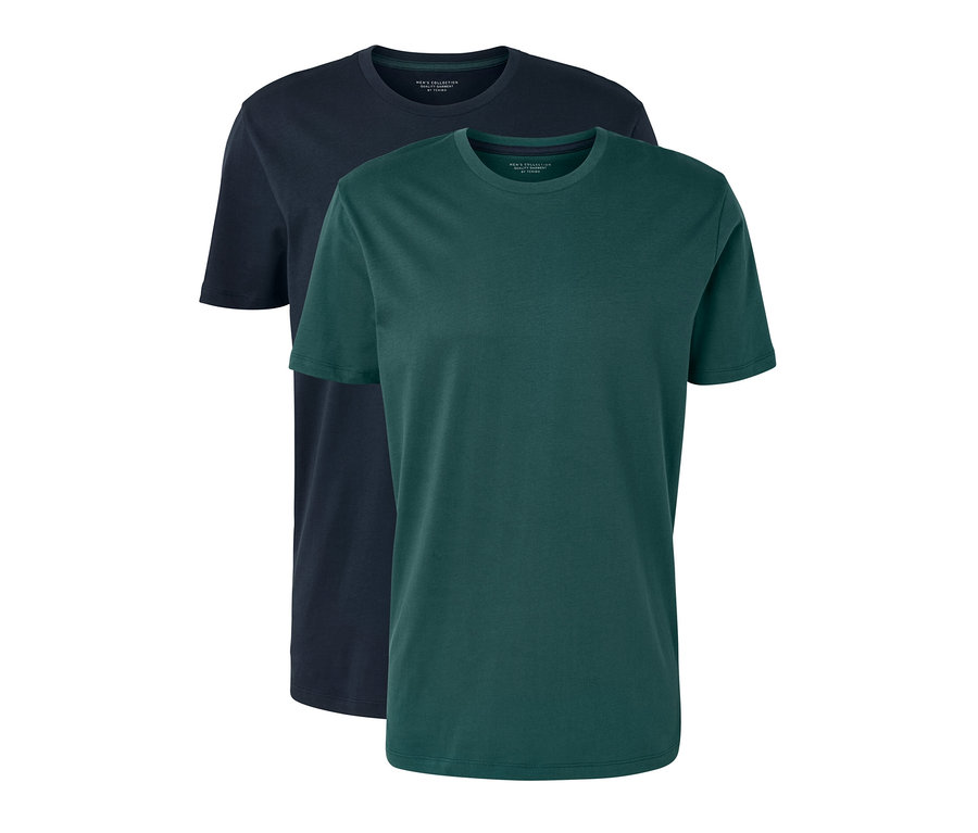 Zwei T-Shirts mit Rundhalsausschnitt, eines marineblau und eines grün, liegen übereinander.