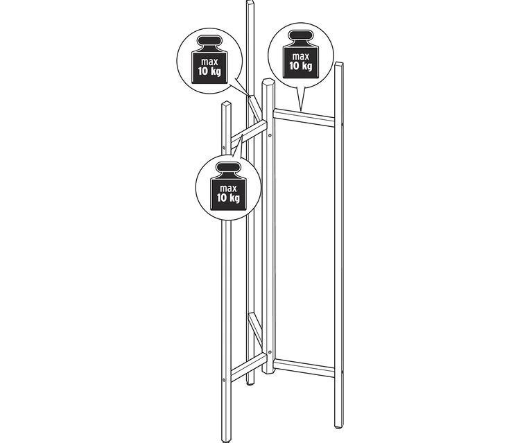 Zeichnung eines Garderobenständers mit der Beschriftung der maximalen Tragfähigkeit von 10 kg.