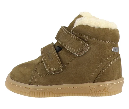 Ein olivgrüner LURCHI »Felix Barefoot-TEX« Kinderstiefel mit Fellfutter und Klettverschluss.