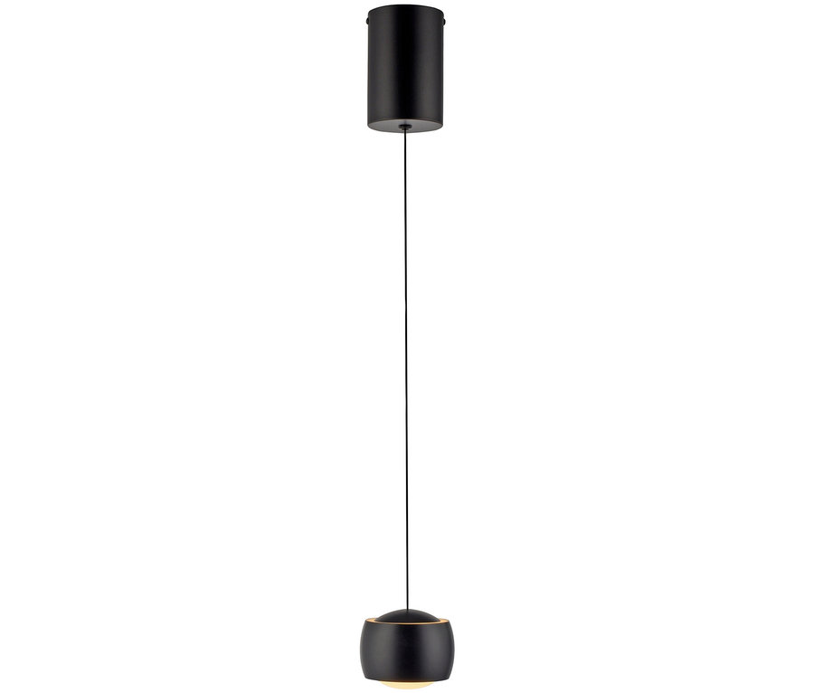 Schwarze Hängeleuchte mit zylindrischem Lampenschirm.