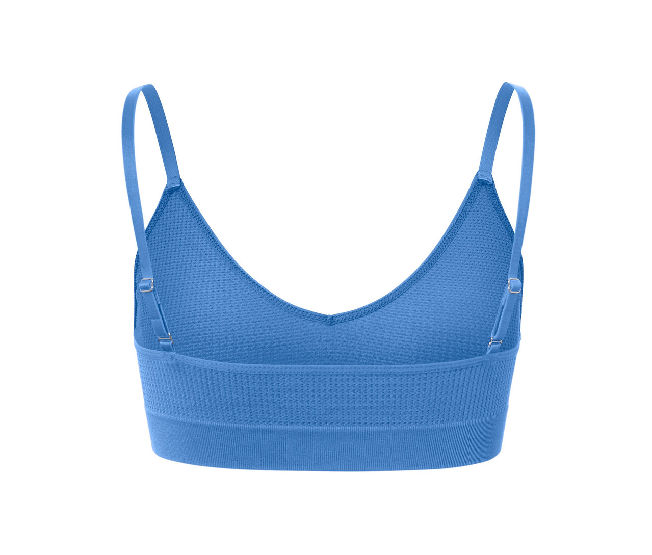 Detailansicht eines blauen Seamless-Bustiers mit Struktur und verstellbaren Trägern.