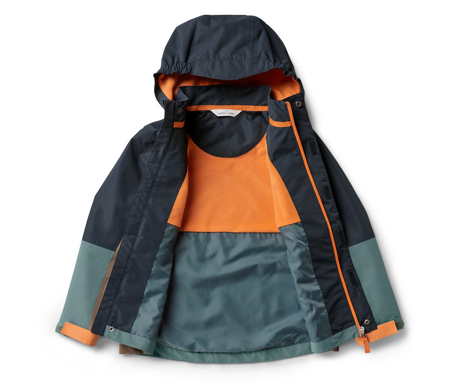 Geöffnete Kinder-Allwetterjacke mit Kapuze, Innenseite ist orange.