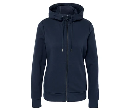 Ein marineblauer Kapuzenpullover mit Reißverschluss in der Mitte.