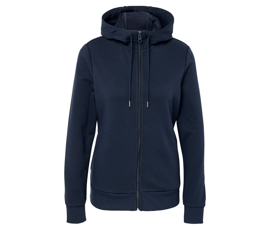 Ein marineblauer Kapuzenpullover mit Reißverschluss in der Mitte.