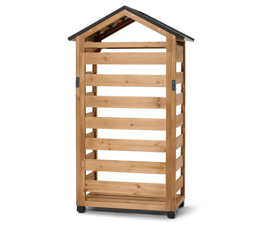 Holzschuppen mit schwarzem Dach.