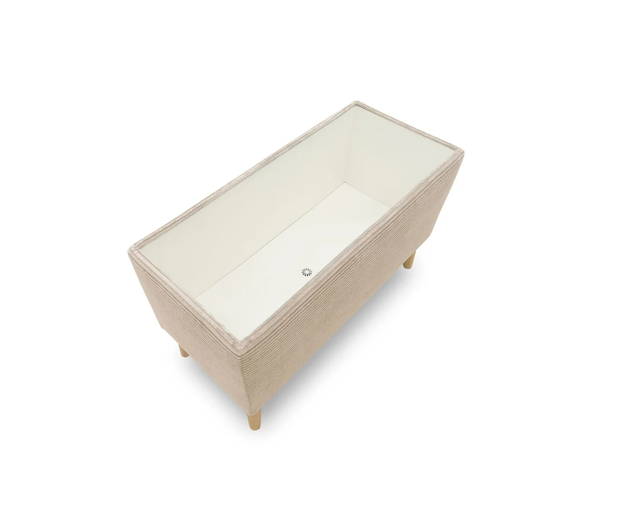 Draufsicht auf einen cremefarbenen DOMO Hocker mit Staufach.
