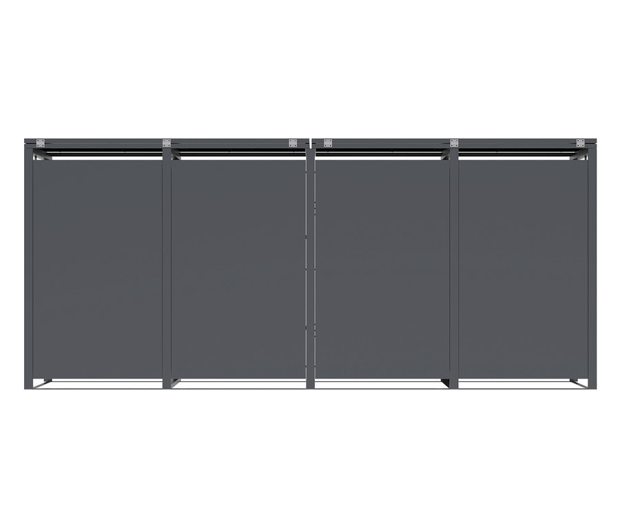 Vier graue Raumteiler mit Metallrahmen.