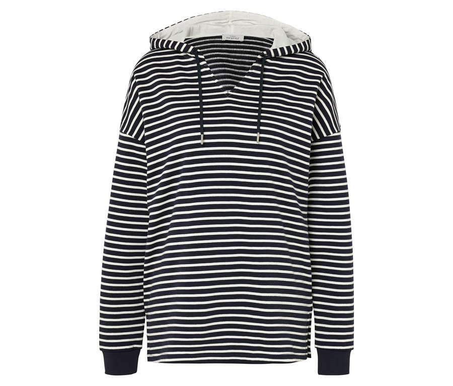 Gestreifter Hoodie in Marineblau und Weiss.