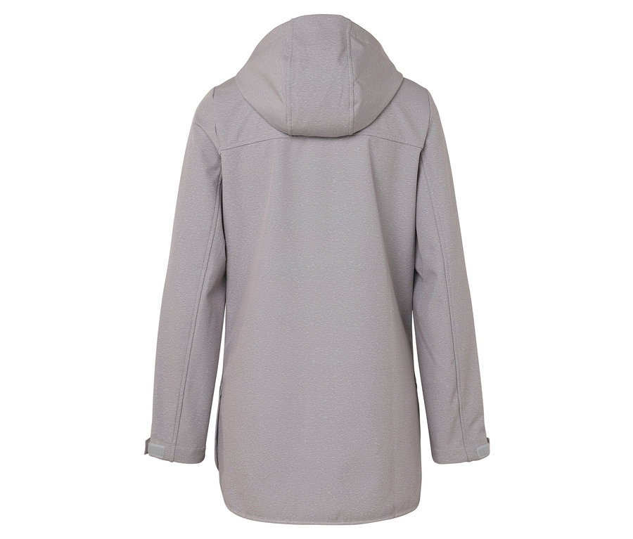 Rückansicht einer grauen Softshelljacke mit Kapuze.