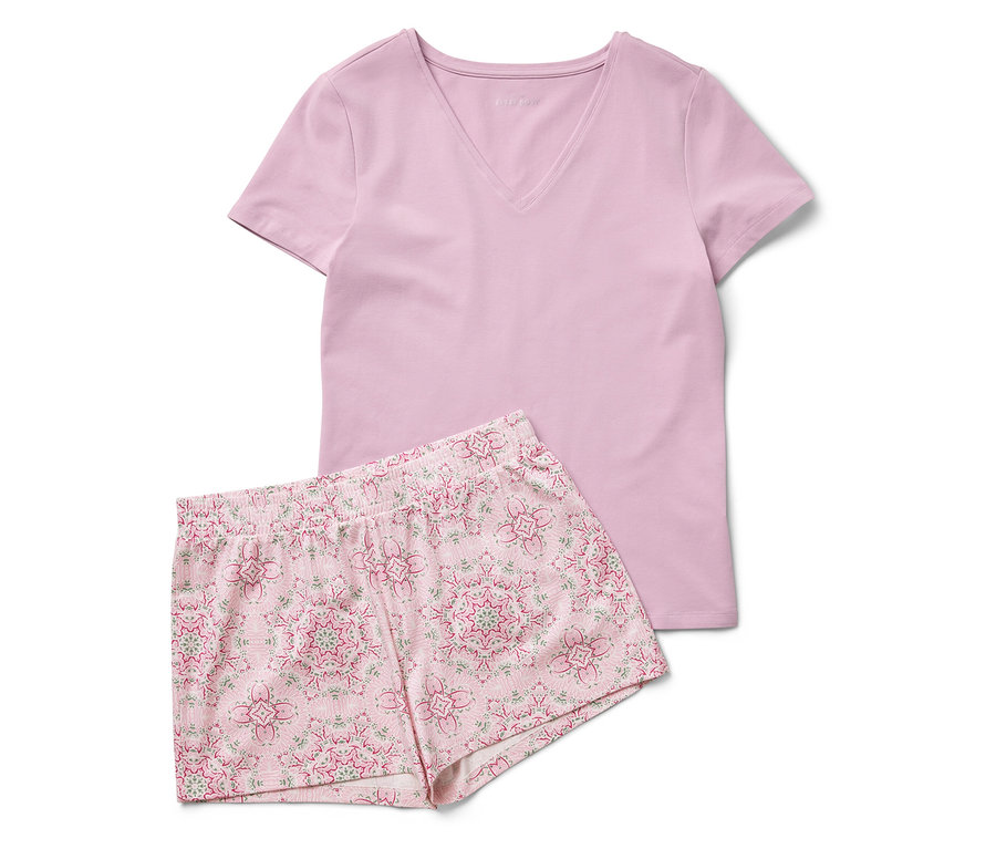 Ein Shorty-Pyjama-Set bestehend aus einem kurzärmeligen Oberteil und einer Short mit Blumenmuster.